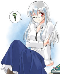Rule 34 | 1girl, bespectacled, breasts, coco (artist), female focus, glasses, gradient background, kamishirasawa keine, long hair, non-web source, pantyhose, pointer, solo, teacher, touhou, white background