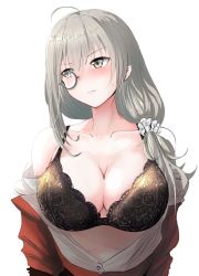 Rule 34 | 1girl, bare shoulders, black bra, blush, bra, breasts, cleavage, collarbone, girls&#039; frontline, grey hair, griffin &amp; kryuger military uniform, hair between eyes, helianthus (girls&#039; frontline), highres, lace, lace bra, large breasts, long hair, looking away, monocle, open clothes, partially undressed, solo, take (trude1945oneetyan), underwear, white background, yellow eyes