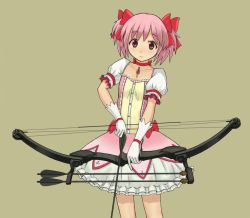 Rule 34 | 10s, 1girl, alternate weapon, arrow (projectile), bad id, bad pixiv id, bow (weapon), choker, compound bow, dress, explosive arrow, gloves, hoyt archery, kaname madoka, lance blue, mahou shoujo madoka magica, mahou shoujo madoka magica (anime), pink eyes, pink hair, puffy sleeves, rambo, razorback 5, short twintails, simple background, solo, torque bow, twintails, weapon