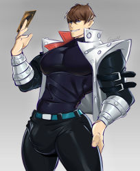 Rule 34 | 1boy, abs, belt, blue eyes, brown hair, bulge, card, excited, formal, highres, jacket, kaiba seto, looking at viewer, male focus, muscular, muscular arms, muscular legs, muscular male, pectorals, smile, solo, suit, uniform, yu-gi-oh!