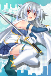 Rule 34 | 1girl, alternate costume, bare shoulders, blue hair, blush, breasts, cape, cosplay, dual wielding, female focus, gloves, holding, kamishirasawa keine, long hair, mahou shoujo madoka magica, mahou shoujo madoka magica (anime), medium breasts, megawatt, miki sayaka, miki sayaka (cosplay), open mouth, red eyes, skirt, solo, squatting, sword, thighhighs, touhou, weapon, white gloves, white thighhighs