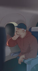 Rule 34 | 1boy, airplane interior, bara, baseball cap, elbow rest, facial hair, feet out of frame, goatee, grey hair, hat, highres, hood, hoodie, male focus, mustache, original, red hoodie, short hair, sitting, smile, solo, stubble, youtian (youtiange)