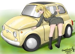 Rule 34 | 1girl, anzio military uniform, belt, black footwear, blonde hair, boots, car, carpaccio (girls und panzer), commentary request, dated, fiat, fiat 500, girls und panzer, green eyes, grey jacket, grey skirt, highres, jacket, leaning forward, long hair, long sleeves, looking at viewer, looking back, military, military uniform, miniskirt, motor vehicle, nandemo kanden, open mouth, panties, pantyshot, partial commentary, skirt, smile, solo, standing, twitter username, underwear, uniform, vehicle focus, white panties
