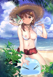 Rule 34 | 1girl, = =, atelier (series), atelier ryza, atelier ryza 2, beach, bikini, bikini top only, black choker, blue sky, braid, breasts, breasts out, brown eyes, brown hair, cheek-to-cheek, cheek press, choker, collarbone, drop earrings, earrings, fi (atelier), flask, hat, heads together, highres, holding, holding flask, jewelry, key, key necklace, kneeling, large breasts, light smile, looking at viewer, necklace, nipples, ocean, off shoulder, one eye closed, open clothes, open shirt, red shorts, reisalin stout, round-bottom flask, shiratori aki, shirt, short hair, short shorts, shorts, sky, slime (creature), star (symbol), star earrings, straw hat, sun hat, swimsuit, white bikini, white shirt
