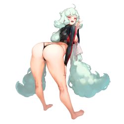 Rule 34 | 1girl, ahoge, ass, at-4 pani, barefoot, bent over, blush, breasts, butt crack, curly hair, from behind, full body, game cg, highres, jacket, jam (nandade), last origin, light green hair, long hair, looking at viewer, official art, one-piece swimsuit, open mouth, rash guard, red eyes, smile, solo, swimsuit, tachi-e, transparent background, v, very long hair