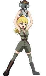 Rule 34 | 1girl, :d, absurdres, animal, armpits, arms up, belt, black footwear, blonde hair, blunt bangs, boots, brown headwear, brown shirt, commentary, full body, girls und panzer, green eyes, green shorts, green thighhighs, hair ribbon, highres, holding, holding animal, kamishima kanon, koala, koala forest military uniform, long hair, looking to the side, open mouth, ponytail, red ribbon, ribbon, sam browne belt, shirt, shorts, simple background, sleeveless, sleeveless shirt, slouch hat, smile, solo, standing, thighhighs, v-shaped eyebrows, wallaby (girls und panzer), white background, zipper