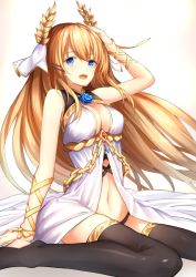 Rule 34 | azur lane, bare shoulders, black panties, black thighhighs, blonde hair, blue eyes, breasts, chain, cleavage, dress, eyelashes, floating hair, flower ornament, gold trim, hair ornament, hand on own head, highres, knees together feet apart, laurel crown, long hair, looking at viewer, medium breasts, navel, on bed, open mouth, panties, ribbon, rusi, simple background, sitting, sleeveless, sleeveless dress, solo, thighhighs, underwear, veil, victorious (azur lane), wrist ribbon