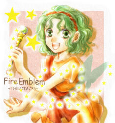 Rule 34 | 1girl, :d, bug, butterfly, copyright name, dress, fire emblem, fire emblem: thracia 776, green eyes, green hair, hairband, holding, holding staff, insect, looking at viewer, lowres, nintendo, open mouth, orange dress, outstretched arm, red hairband, smile, solo, staff, tina (fire emblem), usachu now