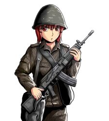Rule 34 | 1girl, assault rifle, averting eyes, bag, breast pocket, camouflage, camouflage pants, camouflage shirt, collared shirt, commentary, cowboy shot, dark red hair, east german, english commentary, expressionless, geococcyx, grey bag, grey headwear, grey pants, grey shirt, grey theme, gun, holding, holding gun, holding weapon, kalashnikov rifle, limited palette, long sleeves, looking to the side, military, military uniform, mixed-language commentary, muzzle device, nationale volksarmee, open collar, open mouth, original, pants, pocket, red eyes, rifle, satchel, scratched paint, scratches, shirt, short hair, shoulder bag, simple background, soldier, solo, strichtarn, uniform, weapon, white background, wieger stg-940, wispy bangs
