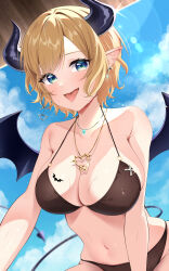 Rule 34 | 1girl, absurdres, bat tattoo, bikini, black bikini, black horns, blonde hair, blue eyes, blue sky, breast tattoo, breasts, cleavage, day, demon girl, demon horns, demon tail, demon wings, from below, heart, heart necklace, highres, hololive, horns, jewelry, large breasts, lens flare, looking at viewer, mogmog megmog, navel, necklace, outdoors, pointy ears, short hair, single sidelock, sky, solo, swept bangs, swimsuit, tail, tattoo, tongue, tongue out, virtual youtuber, winged heart, wings, yuzuki choco