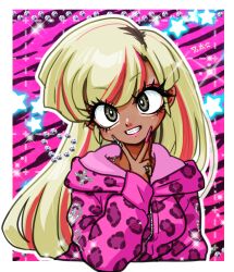 Rule 34 | 1girl, arm up, blonde hair, breasts, brown eyes, fake eyelashes, grin, gyaru, hand gesture, hand on own face, hood, hoodie, kuonji ukyou, long hair, multicolored hair, multicolored nails, nail polish, patterned background, patterned clothing, photo booth, pink hoodie, pink lips, ranma 1/2, signature, silver ring, small breasts, smile, star (symbol), streaked hair, tan, tiger stripes, v, very long fingernails, wanta (futoshi)