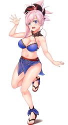 Rule 34 | 1girl, bare shoulders, bikini, blue bikini, blue eyes, blush, breasts, cleavage, collarbone, fate/grand order, fate (series), full body, hair ornament, highres, large breasts, long hair, looking at viewer, magatama, miyamoto musashi (fate), navel, open mouth, pink hair, ponytail, ryouya, sandals, sarong, smile, solo, swept bangs, swimsuit