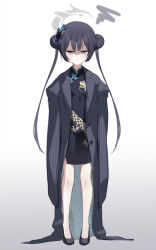 Rule 34 | 1girl, black dress, black footwear, black hair, blue archive, butterfly hair ornament, china dress, chinese clothes, coat, double bun, dragon print, dress, full body, gradient background, grey background, grey coat, grey eyes, hair bun, hair ornament, halo, high heels, highres, kisaki (blue archive), long hair, oversized clothes, pelvic curtain, pinstripe pattern, print dress, pumps, short dress, side slit, solo, standing, striped, striped coat, t-bth, twintails, vertical-striped coat, white background