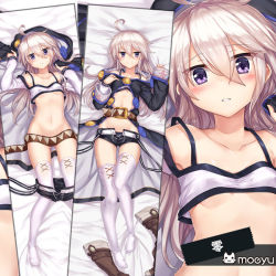 Rule 34 | 1girl, bed sheet, black shorts, blush, boots, unworn boots, bra, breasts, brown footwear, cleavage, collarbone, dakimakure, from above, groin, hair between eyes, ks (xephyrks), long hair, looking at viewer, lying, midriff, multiple views, navel, on back, parted lips, purple eyes, shiny skin, short shorts, shorts, silver hair, small breasts, smile, stomach, thighhighs, underboob, underwear, white bra, white thighhighs, zero (zero kara hajimeru mahou no sho), zero kara hajimeru mahou no sho