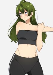 Rule 34 | 1girl, alternate costume, black leggings, black pants, blush, commentary request, cowboy shot, green hair, hair down, highres, leggings, long hair, navel, outstretched arm, pants, purple eyes, sakura 1110ssmm, simple background, solo, sousou no frieren, sports bra, stretching, sweat, thighs, ubel (sousou no frieren), white background