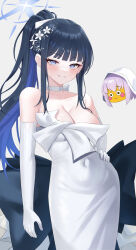 Rule 34 | 2girls, absurdres, atsuko (blue archive), black hair, blue archive, blue eyes, blue hair, blue halo, blush, breasts, choker, cleavage, colored inner hair, dress, elbow gloves, emoji, gloves, grin, halo, highres, large breasts, long hair, looking at viewer, multicolored hair, multiple girls, saori (blue archive), saori (dress) (blue archive), simple background, smile, strapless, strapless dress, white background, white choker, white dress, white gloves, ziz (pandora707)