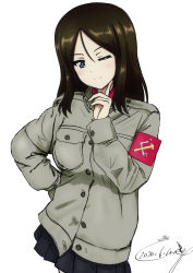 Rule 34 | 1girl, armband, artist name, blue eyes, breasts, brown hair, bukkuri, closed mouth, dated, finger to cheek, girls und panzer, grey jacket, hair between eyes, hand on own hip, head tilt, highres, jacket, long hair, long sleeves, looking at viewer, nonna (girls und panzer), one eye closed, pleated shirt, simple background, skirt, solo, white background