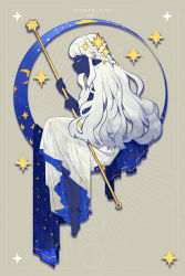 Rule 34 | 1girl, barefoot, black skin, colored skin, crescent moon, dress, closed eyes, french text, from side, full body, hair ornament, highres, crossed legs, long dress, long hair, moon, on crescent, original, pointy ears, rye-beer, simple background, solo, staff, star (symbol), star hair ornament, toes, white dress
