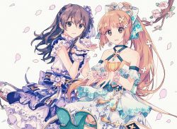 Rule 34 | 2girls, bad id, bad pixiv id, bare shoulders, black eyes, black hair, blonde hair, blue dress, bow, braid, character request, dress, dress bow, earrings, floral print, flower, frilled dress, frilled sleeves, frills, hair bow, hair ornament, highres, idolmaster, idolmaster cinderella girls, jewelry, layered dress, long hair, looking at viewer, migolu, multiple girls, open mouth, petals, ponytail, purple dress, short sleeves, sidelocks, simple background, standing, tareme, white background, yellow eyes