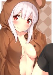 Rule 34 | 1girl, animal hood, bear hood, black thighhighs, blush, breasts, breasts apart, brown background, checkered background, collarbone, commentary request, highres, hood, karutamo, looking at viewer, medium breasts, navel, no bra, open clothes, open shirt, original, red eyes, shirt, smile, solo, thighhighs, tisshu (karutamo), unbuttoned, white hair