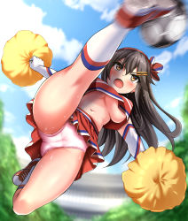 Rule 34 | 1girl, absurdres, alternate costume, ball, black hair, blue sky, breasts, brown eyes, cameltoe, cheerleader, cleft of venus, cloud, commission, crop top, day, elbow gloves, flying kick, gloves, hair ornament, hairclip, haruna (kancolle), highres, holding, holding pom poms, jumping, kantai collection, kicking, long hair, miniskirt, navel, no bra, outdoors, paid reward available, panties, pink panties, pixiv commission, pleated skirt, pom pom (cheerleading), pom poms, red skirt, shoes, skirt, sky, sleeveless, sneakers, soccer ball, socks, solo, sweat, underboob, underwear, white gloves, white socks, zanntetu