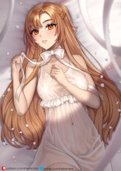 Rule 34 | 1girl, artist name, asuna (sao), asymmetrical bangs, bare arms, bare shoulders, bed sheet, bow, bowtie, braid, breasts, brown hair, collarbone, cowboy shot, eyelashes, frills, hand on own chest, helloimtea, highres, lingerie, looking at viewer, lying, medium breasts, negligee, on back, on bed, one side up, orange eyes, parted lips, see-through, smile, solo, sword art online, twitter username, underwear, white bow, white bowtie