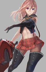 Rule 34 | 10s, 1girl, alisa ilinichina amiella, bad id, bad pixiv id, bare shoulders, blue eyes, boots, brown hair, elbow gloves, gloves, god eater, god eater burst, grey background, highres, long hair, navel, no headwear, pantyhose, simple background, skirt, solo, suspender skirt, suspenders, swd3e2, thigh boots, thighhighs, weapon