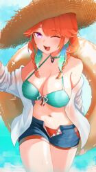 Rule 34 | 1girl, ;d, absurdres, bikini under shorts, blue sky, braid, breasts, choker, cleavage, cloud, feathers, green choker, hat, highres, holding, holding swim ring, hololive, hololive english, innertube, knbd, large breasts, long hair, looking at viewer, multicolored hair, navel, off shoulder, one eye closed, open fly, open mouth, orange hair, pink eyes, shirt, short shorts, shorts, sky, smile, solo, straw hat, streaked hair, swim ring, takanashi kiara, takanashi kiara (casual), twin braids, virtual youtuber, wet, wet clothes, wet shirt, white shirt