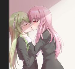 Rule 34 | 2girls, absurdres, assault lily, black skirt, blush, bow hairband, closed eyes, commentary request, cropped jacket, endou araya, face-to-face, facing another, french kiss, from side, green hair, hair between eyes, hair ribbon, hairband, hand on another&#039;s chest, hand on another&#039;s neck, hand up, high-waist skirt, highres, indoors, juliet sleeves, kiss, long hair, long sleeves, looking at another, multiple girls, open mouth, pink hair, profile, puffy sleeves, raised eyebrows, red eyes, ribbon, saetusum, saliva, school uniform, shade, shirt, sidelocks, simple background, skirt, standing, tanaka ichi, tongue, tongue out, upper body, white hairband, white ribbon, white shirt, yuri, yurigaoka girls academy school uniform