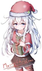 Rule 34 | absurdres, blue eyes, christmas, dfd, hibiki (kancolle), highres, kantai collection, long hair, long sleeves, looking at viewer, merry christmas, santa costume, simple background, smile, solo, white hair