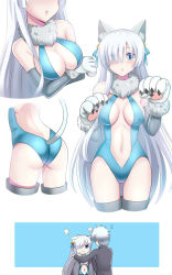 Rule 34 | 1boy, 1girl, :o, :t, alternate costume, anastasia (fate), animal ears, animal hands, ass, back, backless outfit, bare back, bare shoulders, black jacket, blue eyes, blue leotard, blush, breast hold, breasts, cat ears, center opening, cleavage, closed mouth, cropped legs, earrings, eyes visible through hair, fate/grand order, fate (series), flying sweatdrops, fume, fur-trimmed gloves, fur collar, fur trim, gloves, hair over one eye, highres, jacket, jewelry, kadoc zemlupus, kemonomimi mode, kittysuit, large breasts, leotard, long hair, looking at viewer, multiple views, nontraditional playboy bunny, open clothes, open jacket, open mouth, paw gloves, pout, silver hair, the-sinner, thigh gap, very long hair, white background, white gloves