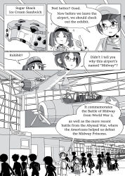 Rule 34 | 10s, admiral (kancolle), aircraft, airplane, airport, color guide, comic, eating, english text, closed eyes, food, food in mouth, glasses, greyscale, hair tie, hat, highres, ice cream, ice cream sandwich, kantai collection, luggage, magatama, military, military hat, military uniform, monochrome, open mouth, pleated skirt, ryuujou (kancolle), silhouette, sixten, skirt, smile, sparkle, suspenders, twintails, uniform, visor cap