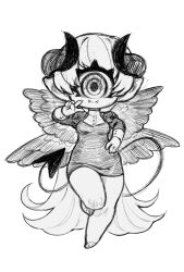 Rule 34 | 1girl, angel wings, breasts, cyclops, demon horns, demon tail, dress, fangs, full body, hand on own hip, hatching (texture), highres, horns, one-eyed, original, pointy ears, short dress, short hair, small breasts, smile, solo, standing, standing on one leg, tail, v, wide hips, wings, zombiemiso
