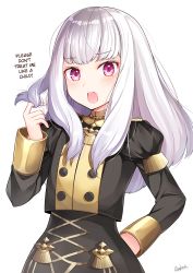 Rule 34 | 1girl, blue eyes, blush, commentary request, epaulettes, fire emblem, fire emblem: three houses, twirling hair, hard-translated, jacket, long hair, long sleeves, looking at viewer, lysithea von ordelia, nintendo, open mouth, pink eyes, purple eyes, ringozaka mariko, simple background, smile, solo, third-party edit, translated, uniform, upper body, white background, white hair