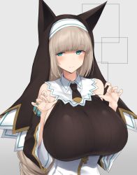 Rule 34 | 1girl, animal ears, aqua eyes, bare shoulders, blush, bombergirl, bow, bowtie, breasts, brown hair, closed mouth, detached sleeves, dress, fake animal ears, grey background, highres, huge breasts, long hair, looking at viewer, mukuba, nun, sepia belmont, simple background, smile, solo, tagme