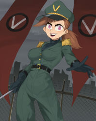 Rule 34 | 1girl, artist name, barbed wire, barleyshake, belt, black belt, black gloves, bodysuit, breasts, brown hair, chain-link fence, cowboy shot, fence, flag, gloves, green bodysuit, green hat, grey sky, hat, highres, holding, looking at viewer, medium breasts, military uniform, open mouth, pink eyes, ponytail, shadow, sky, smile, solo, the fairly oddparents, uniform, vicky (fairly oddparents)