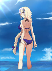 Rule 34 | 1girl, adjusting clothes, adjusting swimsuit, ass, bikini, blonde hair, blue sky, blush, braid, braided ponytail, breasts, butt crack, cloud, day, fate/apocrypha, fate/grand order, fate (series), flat ass, from behind, highres, jeanne d&#039;arc (fate), jeanne d&#039;arc (ruler) (fate), legs, long braid, medium breasts, parted lips, shuuzen, sideboob, single braid, sky, solo, swimsuit, thighs, wading, water