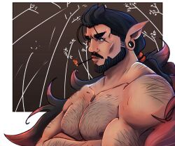 Rule 34 | 1boy, arm hair, bara, beard, black hair, chest hair, crossed arms, dark-skinned male, dark skin, elf, facial hair, fiery hair, from side, hairy, highres, large ears, large pectorals, lips, long hair, looking to the side, male focus, mature male, meat jug (milkbono), multicolored hair, muscular, muscular male, mustache, nipples, nude, original, pectorals, pointy ears, red hair, smoking, solo, streaked hair, thick eyebrows, upper body
