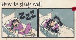Rule 34 | 1girl, 2koma, black hair, blanket, blue background, blush stickers, closed eyes, comic, drooling, filia (skullgirls), minawa108, navel, open mouth, pajamas, prehensile hair, samson (skullgirls), skullgirls, sleeping, smile, snoring, solo, spot color, zzz
