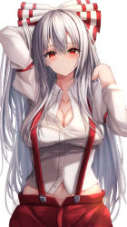 Rule 34 | 1girl, 7saki, absurdres, bad id, bad pixiv id, bow, breasts, cleavage, collared shirt, fujiwara no mokou, hair between eyes, hair bow, highres, large breasts, long sleeves, looking at viewer, pants, red eyes, red pants, shirt, simple background, solo, suspenders, touhou, white background, white bow, white hair, white shirt