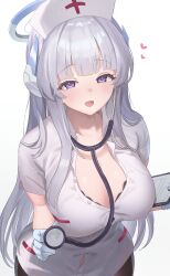 Rule 34 | 1girl, absurdres, alternate costume, black bra, black pantyhose, blue archive, bra, bra peek, breasts, clipboard, commentary request, dress, gloves, grey hair, half-closed eyes, halo, hat, headphones, heart, highres, holding, holding clipboard, holding stethoscope, large breasts, light blush, long hair, looking at viewer, madai (mappy), mechanical halo, noa (blue archive), nurse, nurse cap, open mouth, pantyhose, partially unbuttoned, purple eyes, short sleeves, smile, solo, stethoscope, underwear, very long hair, white background, white dress, white gloves, white hat, wide hips