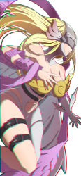 Rule 34 | 1girl, angel wings, angewomon, armpits, asymmetrical clothes, asymmetrical legwear, bare shoulders, belt, black belt, blonde hair, breasts, chromatic aberration, cleavage, clothing cutout, commentary request, covered eyes, cowboy shot, digimoji, digimon, digimon (creature), elbow gloves, floating, floating hair, from side, gloves, head wings, helmet, highres, large breasts, leg belt, long hair, multiple wings, navel, navel cutout, pakotaroh, pink ribbon, ribbon, simple background, single glove, skindentation, smile, solo, thigh strap, underbust, uneven legwear, white background, white gloves, wings, wrist wings
