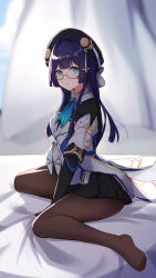 Rule 34 | 1girl, absurdres, aqua eyes, beret, black gloves, black hat, black pantyhose, black skirt, blue hair, blue neckerchief, blurry, chinese commentary, closed mouth, commentary request, depth of field, feet, foot focus, full body, glasses, gloves, hat, highres, honkai: star rail, honkai (series), indoors, kong ting, long hair, looking at viewer, neckerchief, no shoes, pantyhose, pela (honkai: star rail), pleated skirt, round eyewear, semi-rimless eyewear, sitting, skirt, solo, wariza