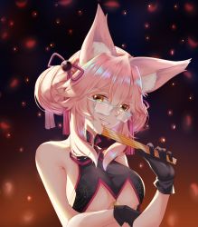 Rule 34 | 1girl, absurdres, animal ear fluff, animal ears, black gloves, blush, breasts, center opening, china dress, chinese clothes, dress, fate/grand order, fate (series), folded fan, folding fan, fox ears, fox girl, glasses, gloves, hand fan, highres, holding, holding fan, koyanskaya (chinese lostbelt outfit) (fate), koyanskaya (fate), large breasts, no bra, pink hair, sd4869, sleeve cuffs, solo, tamamo (fate), underboob, white-framed eyewear, yellow eyes