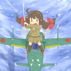 Rule 34 | 10s, 1girl, ahoge, aircraft, airplane, bad id, bad pixiv id, brown hair, bsn, fairy (kancolle), goggles, goggles on head, hair ribbon, kantai collection, military, military uniform, ribbon, shinden (kancolle), sky, solo, standing on object, strikers 1945, sword, uniform, weapon