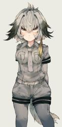 Rule 34 | 10s, 1girl, bad id, bad pixiv id, black hair, collared shirt, commentary request, grey hair, grey necktie, grey shirt, hair between eyes, head wings, kemono friends, long hair, looking at viewer, low ponytail, multicolored hair, necktie, shirt, shoebill (kemono friends), short sleeves, side ponytail, solo, standing, wings, yellow eyes, zairen