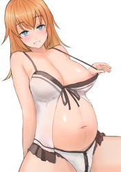 Rule 34 | 1girl, babydoll, blue eyes, blush, breasts, charlotte e. yeager, female pubic hair, flashing, grin, large breasts, lingerie, long hair, looking at viewer, navel, nipples, orange hair, panties, pregnant, pubic hair, purple background, smile, solo, strike witches, taji (crowview), underwear, white background, world witches series