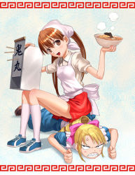 Rule 34 | &gt;:d, 00s, 2girls, :d, anger vein, angry, apron, blue dress, blush, bow, bowl, brown eyes, brown footwear, brown hair, clenched hands, collared shirt, dress, drill hair, food, foreshortening, girl on top, grey shirt, hair bow, holding, holding bowl, kannazuki megumi, kneehighs, looking at viewer, lying, multiple girls, muteki kanban musume, noodles, on stomach, onimaru miki, open mouth, pink apron, pink bow, ramen, red skirt, shirt, shoes, short sleeves, skirt, smile, sneakers, socks, steam, twintails, v-shaped eyebrows, white legwear, wing collar
