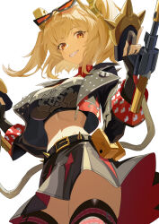 1girl absurdres black_jacket black_skirt black_thighhighs black_tube_top blonde_hair breasts burnice_white eyewear_on_head flamethrower highres holding holding_flamethrower holding_weapon jacket large_breasts looking_at_viewer miniskirt parted_lips red_eyes short_hair simple_background skirt smile solo stomach strapless szai teeth thighhighs thighs tube_top twintails weapon white_background zenless_zone_zero