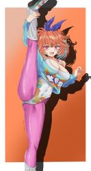 Rule 34 | 1girl, :d, absurdres, arm up, blush, border, breasts, covered navel, flexible, floral print, hair ribbon, highres, hololive, hololive english, large breasts, leg up, leggings, leotard, looking at viewer, official alternate costume, open mouth, orange hair, print leotard, print shirt, purple eyes, ribbed socks, ribbon, shirt, shoes, smile, solo, split, standing, standing on one leg, standing split, takanashi kiara, takanashi kiara (7th costume), varo 006, virtual youtuber, white border, white leotard
